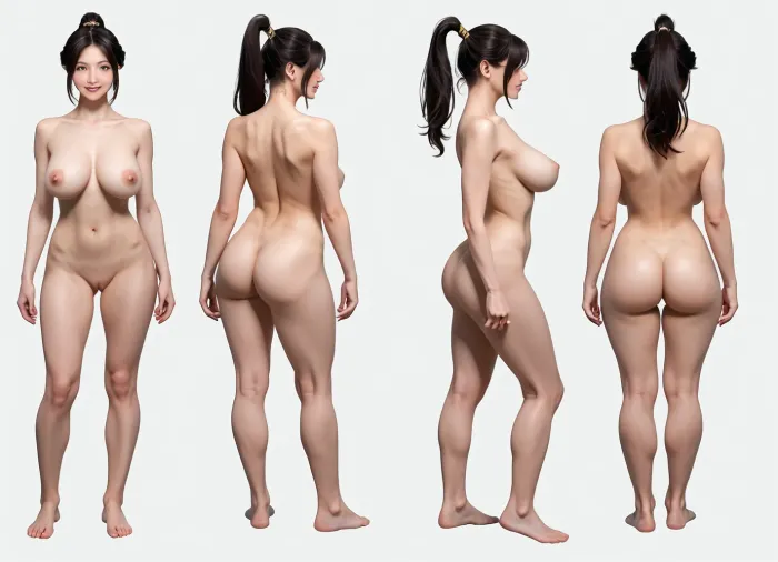 character sheet, reference sheet, full body, same character of multiple views, masterpiece, ultra-detailed, best quality, photo-realistic, hyper-realism, clear image, perfect proportion, detailed face, clean eyes, full body shot, 28years old, Japanese woman standing straight, (frontal body, arms at sides, wide stance), facing forward, smile, (round shape face), beautiful black hair, ponytail, flushed face, (perfect fit body), big ass, (long saggy large breasts, low hanging separate boobs), pale skin, completely naked, barefoot, turn around, front view, back view, side view, NSFW, (simple background, simple white background:1.2), <lora:character_Sheet_XL:.3>, <lora:badanatomy_SDXL_negative_LORA_SeaArtXL_v1:.7>