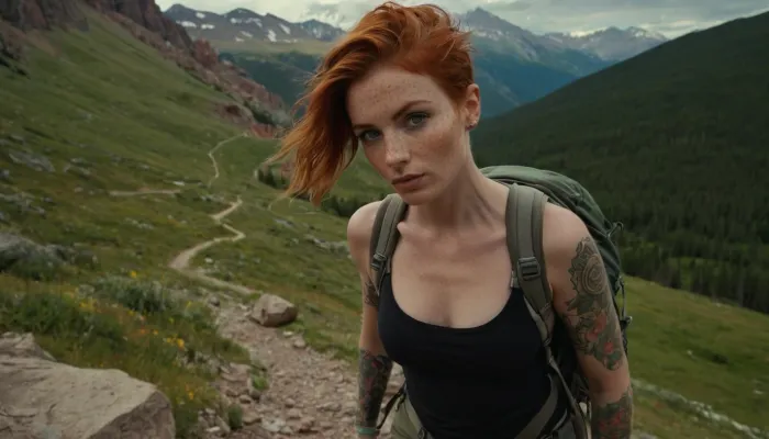 beautiful natural fit redhead with green eyes and undercut pixie haircut and medium natural breast and large tattoos on hands and freckles everywhere, ((wearing hiking gear)), exposing her breasts, hiking in rocky mountains, beautiful eyes, anatomically correct eyes, full body visible