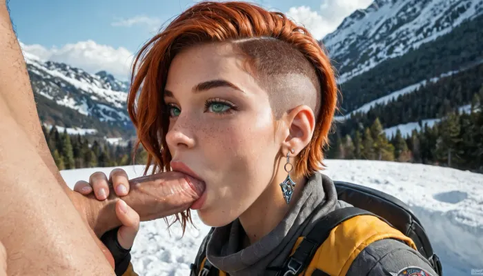 beautiful natural fit redhead with green eyes and undercut pixie haircut and medium natural breast with pierced nipples and large tattoos on hands and freckles everywhere, ((wearing snow hiking gear)), ((blowjob, deep throat, couple)), exposing her breasts, hiking in snowy rocky mountains, beautiful eyes, anatomically correct eyes, full body visible