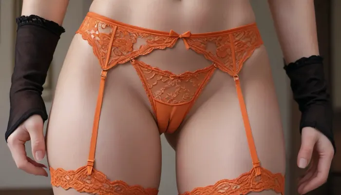 hips in frame, wide hips, lace panties, lace garter belt, lace elbow fingerless gloves, lace thigh high, orange underwear, cleft of venus, panties between labia