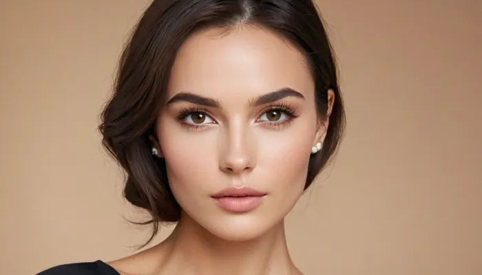 Generate a stunningly elegant woman with classic Mediterranean beauty. She has a symmetrical oval-shaped face with a flawless, creamy complexion. Her full lips are naturally shaped and slightly pouty, with a subtle hint of pink. Her deep, almond-shaped eyes are dark brown, framed by thick, gracefully arched eyebrows, and long, lush lashes. She has high cheekbones and a soft, slightly rounded jawline. Her straight, dark chestnut hair falls smoothly past her shoulders, adding to her sophisticated allure. Her expression is serene and timeless, exuding both warmth and mystery, set against a soft, neutral background., show full torso, dynamic angles