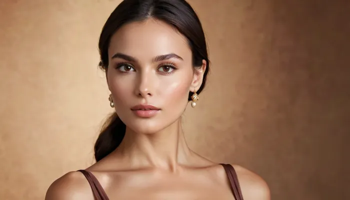 Generate a stunningly elegant woman with classic Mediterranean beauty. She has a symmetrical oval-shaped face with a flawless, creamy complexion. Her full lips are naturally shaped and slightly pouty, with a subtle hint of pink. Her deep, almond-shaped eyes are dark brown, framed by thick, gracefully arched eyebrows, and long, lush lashes. She has high cheekbones and a soft, slightly rounded jawline. Her straight, dark chestnut hair falls smoothly past her shoulders, adding to her sophisticated allure. Her expression is serene and timeless, exuding both warmth and mystery, set against a soft, neutral background., show full torso, dynamic angles