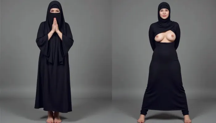 (side-by-side two pictures of a petite woman, standing, in front of viewer), (On the first picture on the left, burka, praying with folded hands, on knees, closed legs, closed eyes, head down), (On the second picture on the right, burka, breasts sticking out through a small opening in the front, hands behind her back, spread legs)