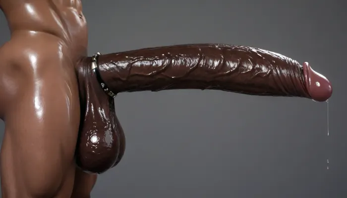 ((solo dark-skinned black male)), (side view), ((ultradetailed anime style)), (ultrarealistic veiny dark texture), ((oiled)), glistening, (dark skin, girthy), erect, ((penis curved upwards)), (arched tip), (hyper gigantic black dick), ((complex wide luxurious cock ring)), (dark muscular thighs), dark muscular abs, accurate glans, massive black penis, lush lube oil over the penis, ((thick dark black dick)), mouth-watering, bbc, (enormous black dick), (very dark hung african, exquisite phallus), ((solo)), darkx, ((very dark skin)), (saggy balls visible, fantastical creative phallus)