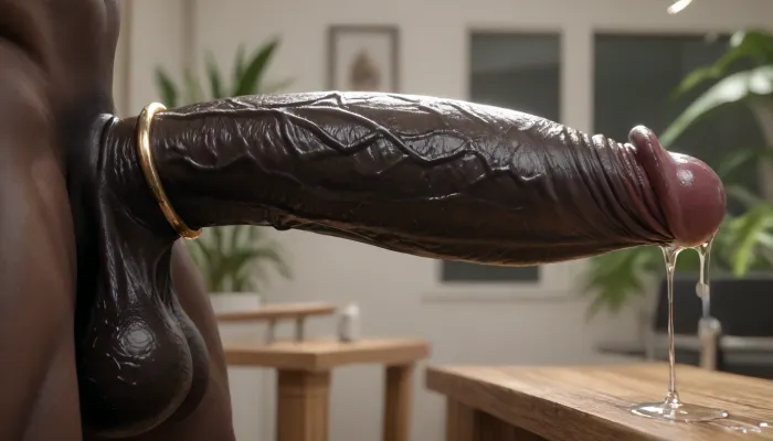 ((solo)), penis closeup, side view, dark black cock in focus, red lipstick marks on cock, (ultradetailed veiny texture), oiled, black skin, from the side, erect, penis curved upwards, arched tip, ((hyper gigantic black penis)), ((huge thick luxurious cock ring)), muscular dark thighs, massive black penis, lush lube oil over the penis, thick dark black dick, (girthy huge cock revealed, enormous black dick, phallic details, dark hung african, exquisite phallus, solo), darkx, (dark skin, saggy balls, visible detailed balls, fantastical creative phallus)