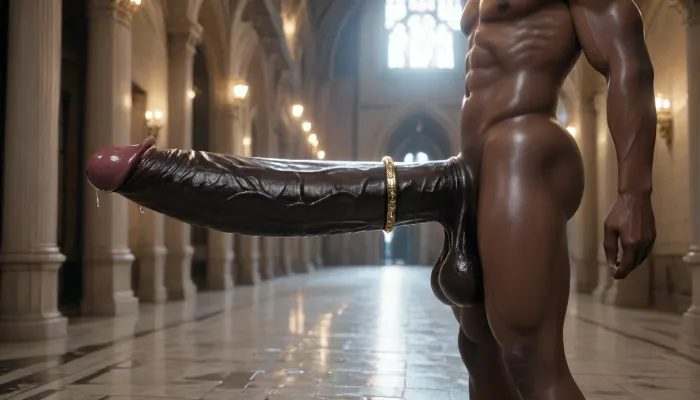 ((solo very-dark black male)), genital closeup, dark black cock in focus, (porn lighting, penis jewelry), (ultradetailed veiny texture), oiled, black skin, erect, penis curved upwards, arched tip, ((hyper gigantic black penis)), (side view), (bulbous veins), ((huge thick luxurious wide cock ring)), muscular dark thighs, ((massive giant black penis, dark, red details, sophisticated lair, demonic themes)), (luxurious lush lube oil over the penis, wet penis), hyper dark black dick, pentagram, domination, (girthy huge cock revealed, enormous black dick, phallic details, dark hung african, exquisite phallus, solo), darkx, (oily, dark skin, saggy balls, balls fully visible, fantastical special phallus), (dark luxury, sexual anticipation), volume effect, nightly