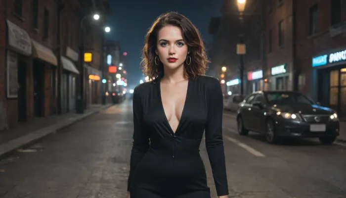 (masterpiece, best quality, highres, photorealistic), an enigmatic and mysterious noir-style scene featuring a beautiful young woman with hair as dark as the night, her expressive eyes filled with secrets, dressed in a sleek black dress that clings to her elegant figure, (perfectly accentuating her curves:1.3), her long legs crossed as she leans against a dimly lit streetlamp, the glow of neon signs reflecting in puddles on the wet pavement, smoke curling around her as a soft breeze lifts her hair, shadows playing across her face, creating dramatic contrasts, a cigarette held delicately between her gloved fingers, her ruby-red lips slightly parted as if she’s about to whisper a secret, the bustling cityscape in the background, with old cars and shadowy figures moving through the foggy streets, cinematic lighting with strong contrasts of light and shadow, deep shadows and radiant neon colors, ultra-high resolution, exceptional clarity and detail, lifelike anatomy, vibrant and atmospheric composition, immersive noir setting., <lora:Microwaist_XL_v01:1.5>