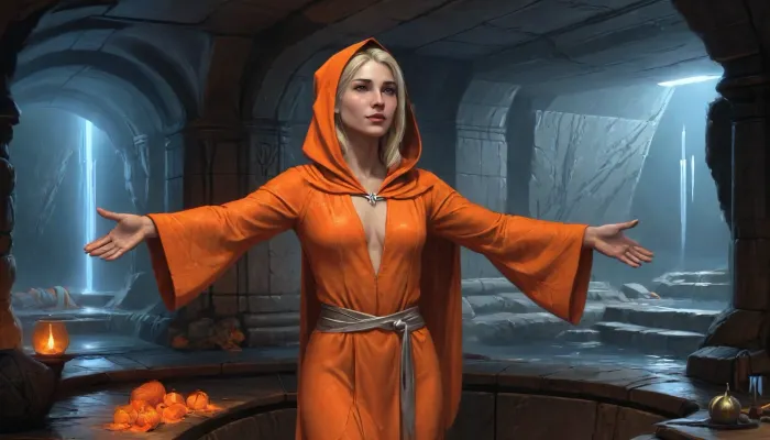 (one woman, Senna from Skyrim, 20 year old, french, bright blonde medium hair ponytail, small narrow squinched eyes, small breasts, neutral face without smile), (inside medieval underground bathhouse, silver stone walls), (spreading arms up-forward), (slightly open orange medieval robes with hood, barely visible breast shape), close-up side view, blue light atmosphere, dark ambiance, five fingers, (artwork, digital painting, concept art, by syd mead, flat colors), <lora:concept_art_syd_mead:1.5>