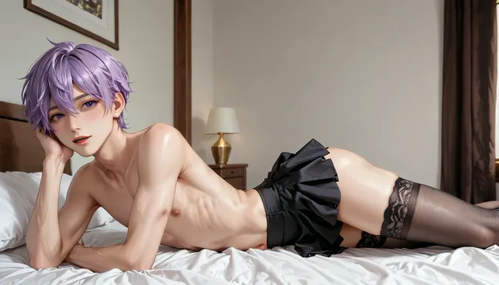 nude sexy japanese male twink, athletic, slender, seductive twink, boy, gay twink, gay guy, hot sexy femboy, korean, slim, thin, submissive and breedable, slim waist, slutty waist, short purple hair, guy, male, wide hips, microskirt, extremely, short, skirt, black lace stockings, sexy pose, <lora:MaleAssViewV2:1>, <lora:TwinksAnatomyXL_v1.0:1.4>, <lora:MicroSkirt_XL:.7>, RedRealStockings, <lora:RedRealStockings_XL:.5>