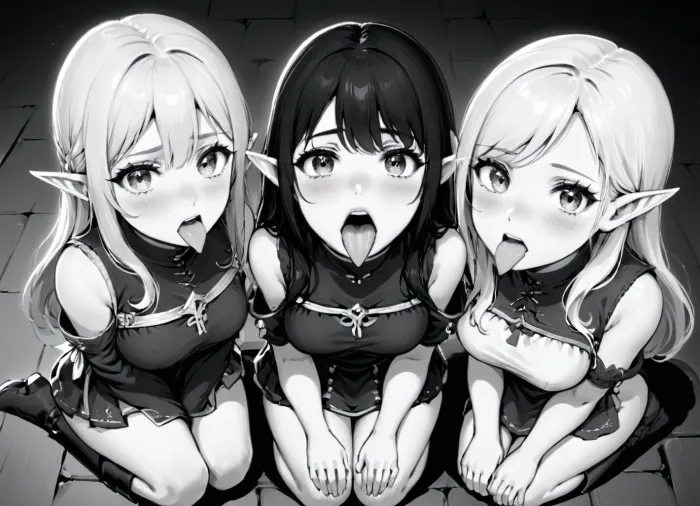 3girls, 18yo girl, elf soldiers, (((submissive expression))), mouth widely open, tongue all the way out, facing viewer, looking at viewer, ((on her knees)), hands on her lap, focus on mouth and tongue, extreme closeup on mouth, from above, (uvula), lineart, LineAniAF, <lora:LineAniRedmondV2-Lineart-LineAniAF:.5>