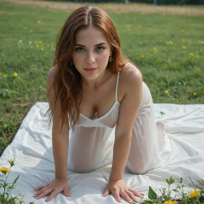 Summer's embrace: a redhead's rural revelry amidst yellow blossoms