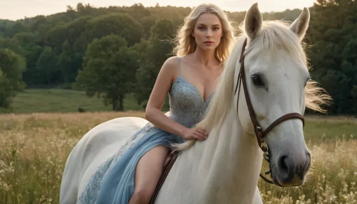 (masterpiece, best quality, highres, photorealistic, solo female, full-body shot, cinematic composition, ultra-detailed face, perfectly symmetrical features, high-definition facial rendering, flawless complexion, (face:1.5), sharp facial details, balanced proportions, realistic physics), a breathtakingly beautiful young woman riding a majestic white horse through a sunlit meadow, soft golden light filtering through the trees, her flowing, ethereal blue gown billowing gracefully in the wind, delicate sheer fabric revealing hints of her toned, slender figure. Her face is exquisitely symmetrical, with perfectly aligned pupils, deep radiant blue eyes reflecting the soft glow of sunlight, high-resolution eye reflections, long dark natural lashes framing her gaze, well-defined full lips with a soft natural curvature, a delicate nose with balanced proportions, and flawless porcelain skin with a smooth, even tone. Subtle fine pores and a gentle blush on her cheeks add to her photorealistic beauty, her lips slightly parted in serene confidence, her platinum blonde hair cascading in voluminous waves over her shoulders, individual strands illuminated by the golden light. Her hands elegantly grip the leather reins, perfectly shaped fingers resting naturally, posture poised with regal grace, the horse’s powerful muscles rippling beneath its gleaming coat as it gallops, dust and petals swirling around them, an enchanted forest stretching into the horizon, faint mist hovering above the dewy grass, sparkling magical particles drifting through the air, soft ambient lighting enhancing the dreamlike atmosphere, ultra-detailed textures in clothing, skin, and environment, 8K resolution, immersive environmental depth, ultra-high detail in fabric, flowing hair, and horse anatomy.