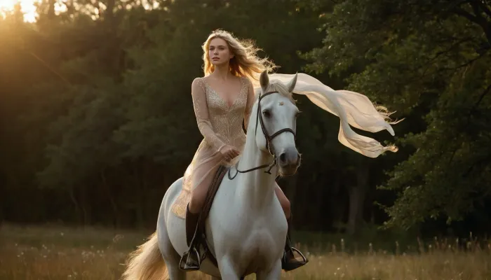 (masterpiece, best quality, highres, photorealistic, solo female, full-body shot, cinematic composition, ultra-detailed face, perfectly symmetrical features, high-definition facial rendering, flawless complexion, (face:1.5), sharp facial details, balanced proportions, realistic physics), a breathtakingly beautiful young woman riding a majestic white horse through a sunlit meadow, soft golden light filtering through the trees, her flowing, ethereal blue gown billowing gracefully in the wind, delicate sheer fabric revealing hints of her toned, slender figure. Her face is exquisitely symmetrical, with perfectly aligned pupils, deep radiant blue eyes reflecting the soft glow of sunlight, high-resolution eye reflections, long dark natural lashes framing her gaze, well-defined full lips with a soft natural curvature, a delicate nose with balanced proportions, and flawless porcelain skin with a smooth, even tone. Subtle fine pores and a gentle blush on her cheeks add to her photorealistic beauty, her lips slightly parted in serene confidence, her platinum blonde hair cascading in voluminous waves over her shoulders, individual strands illuminated by the golden light. Her hands elegantly grip the leather reins, perfectly shaped fingers resting naturally, posture poised with regal grace, the horse’s powerful muscles rippling beneath its gleaming coat as it gallops, dust and petals swirling around them, an enchanted forest stretching into the horizon, faint mist hovering above the dewy grass, sparkling magical particles drifting through the air, soft ambient lighting enhancing the dreamlike atmosphere, ultra-detailed textures in clothing, skin, and environment, 8K resolution, immersive environmental depth, ultra-high detail in fabric, flowing hair, and horse anatomy.