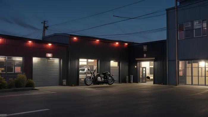 Tacoma docks at night. front view of a small 2 floor warehouse. security cams outside. through the door you can see an Office on the upper floor. in the ground floor a black range Rover, and an Harley Davidson., 3DMM, <lora:3DMM_V12:.5>