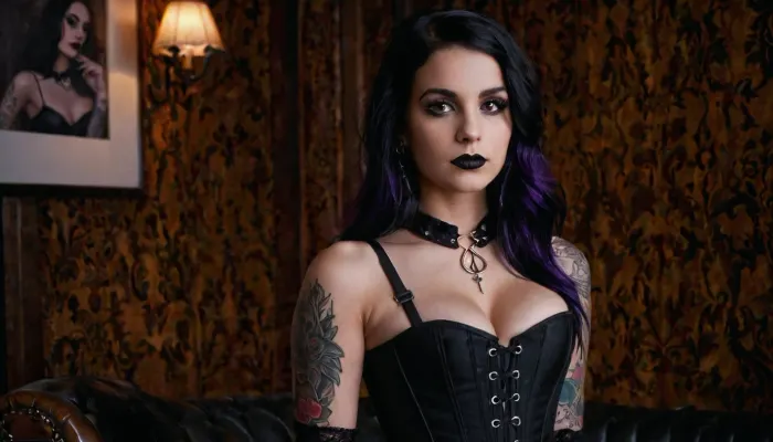A photorealistic portrait of a 20-year-old woman with an emo, alternative, and gothic appearance. She has jet-black hair with subtle purple highlights, styled to frame her face. Her large, dark eyes are accentuated with dark eyeliner, and she wears deep, dark lipstick. Multiple tattoos adorn her arms and neck, and she has several facial piercings, including a nose ring and eyebrow piercing. She is skinny and petite yet busty, with a narrow waist and wide hips, showcasing an attractive figure. Dressed in all-black attire, she wears a black corset top paired with black stockings. The lighting is soft and natural, highlighting her features and creating a realistic ambiance. She is posed naturally, perhaps sitting casually or standing with a relaxed posture, exuding confidence. woman is wearing a tight black corset, pushing her breasts up causing cleavage