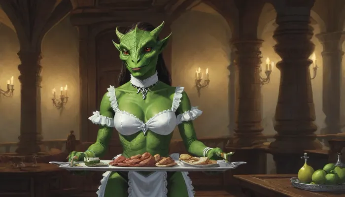 (one woman, Lusty Argonian Maid from Elder Scrolls, green lizard woman, humanoid reptile, small breasts, tail), (inside medieval noble mansion), (wearing french maid outfit), (holding a tray with silverware above chest), (artwork, digital painting, concept art, by syd mead, flat colors), <lora:concept_art_syd_mead:1.5>, <lora:658307_training_data:.5>