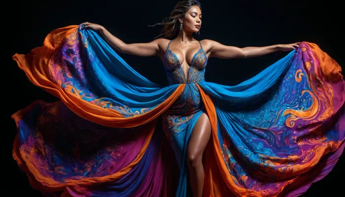 Colorful woman, Black ink flow, 8k, photorealistic masterpiece, intricately detailed fluid gouache, calligraphy, watercolor art, professional photography, volumetric lighting, photo-illustration, concept art, elegant, fantastical, PENeonUV, blacklight, neon, the whole body is visible, dynamic pose, dancing, voluptuous dress, big tits, XUER, Silk, Road, glowing, dress, full, body, tattoo, <lora:PE_NeonUV Style:.5>