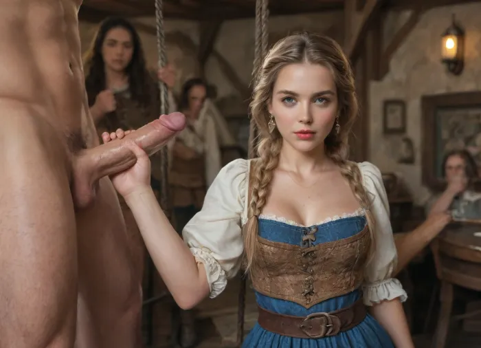 Medieval tavern, blondie woman with long hair and braids, woman wearing medieval short and tight sexy whore costumes with nice and tasteful cleavage barely covering her tits, realistic face, intricately detailed face, sexy look at viewer, 4k, photorealistic, ZipRealism, ohwx, ((man embracing her from behind, woman aiming viewer, man hands on woman hips and lifting woman dress with his hand, man standing up near her)), (((upper body zoom, anal_sex, hard cock))), medieval waitresses around, medieval guys, orgy, swing