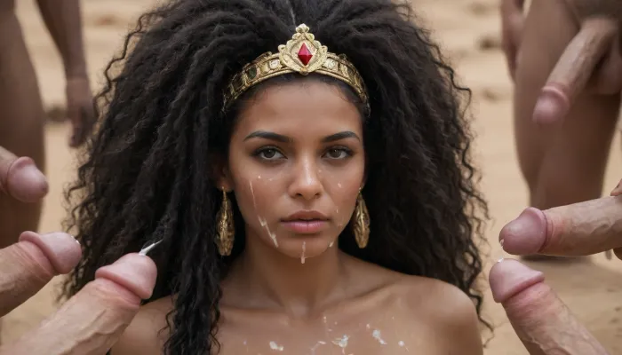 black girl, Ethiopia girl, Afro style hair, very long hair, very curvy hair, dark hair, in desert, slave, very dark skin, bukkake, facial cum, many white cocks, only face and dicks in frame, golden crown with ruby on head