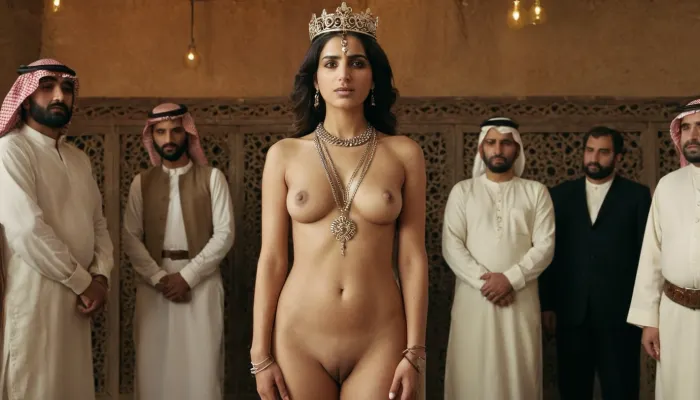 Image of a slave market in Saudi villages, full body of a naked Iranian female slave queen is standing on the stage for sale, Her neck is tied with a chain, She has a queen's crownو she wears bridal underwear, and Arab people around her tucking her breast.