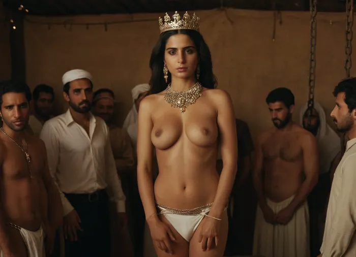 Image of a slave market in Saudi villages, full body of a naked Iranian female slave queen is standing on the stage for sale, Her neck is tied with a chain, She has a queen's crownو she wears bridal underwear, and Arab people around her tucking her breast.