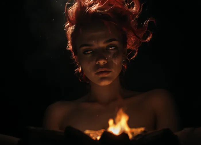 (score_7_up, score_8_up, score_9, 1girl, solo, masterpiece), (unnerving portrait of a gorgeous Irish woman sitting by a campfire and telling stories:1.2), (focus on face, fire light, red hair, Irish features:1.4), (low angle view, linear perspective, dutch angles), sultry, seductive, seducing, alluring, intimate, sexual, horny, insatiable, lustful, erotica, irresistible, (black background, camp fire:1.5), ziprealism, <lora:dark:1>