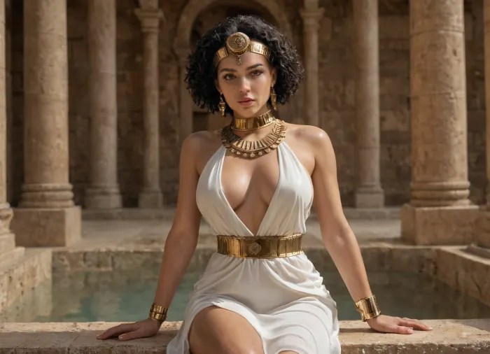 A stunning woman dressed in an ancient Egyptian-inspired outfit sits gracefully in front of a grand temple adorned with intricately carved hieroglyphic columns. She wears a revealing, flowing white dress made of delicate, slightly transparent fabric that drapes over her curvaceous body, accentuating her ample chest. The deep-cut design exposes much of her décolletage, while the high slits reveal her toned legs. Her sleek, jet-black bob hairstyle is adorned with a golden cobra headpiece, symbolizing royalty and power. A majestic blue and gold collar necklace rests on her shoulders, complemented by matching golden bracelets and thigh bands. Her gaze is alluring and confident, with a subtle, seductive expression. The warm sunlight casts a golden glow on her smooth skin, enhancing the rich textures of her outfit and the detailed carvings of the ancient setting. Ultra-detailed, highly realistic, cinematic lighting.