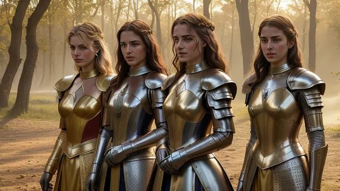 Photorealistic, dramatic scene, cinematic, erotic scene, 3women, three women, 1400s France, in a forest outside Paris, on the banks of the Seine River, sunset through the trees, golden hour, golden light, three beautiful young female knights in suits of armor, large perky breasts, they are dirty and sweaty as they prepare to bathe in the river, all three female knights are beautiful 21-year-olds and virgins, they are secret lesbians, their lust and desire for each other is visible, Realistic faces, beautiful faces, gorgeous faces, natural faces, green, eyes, blue, brown, perfecteyes