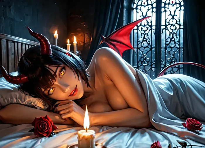 masterpiece, best quality, highly detailed, (anime:1.2), BREAK, (pov lying on side in bed with succubus), (extreme closeup focus on face:1.2), (solo), ((a gorgeous 25 year old white succubus with demonic, wings, horns, tail)), (nude, she is under the covers and in bed with viewer, lying next to viewer), (succubus has long black hair bob haircut), (wide open orange eyes), (5 fingers, perfect fingers:1), natural b cup boobs, slim, athletic, gymnast body, smiling, aroused, horny, (extremely dim lighting with source only from candles, darkness, extremely dark room, romantic atmosphere:1.4), (extremely dark and romantic environment:1.2), (all lights are out in room, dim candle lights are the only source of lighting:1.2), (rose flower peddles in a line on the bed leading up to her beautiful pussy:1.2), (bedroom:1.2), (rose flower peddles scattered across bed, bottle of bourbon, heart shaped box of assorted chocolates), (fireplace:1.2), (dark moonless night, nighttime:1.2), (snowing outside), RAR, <lora:MeMaV3_ill:.5>, <lora:add_details_xl:.5>, <lora:Better Anime Backgrounds - [Background] - SDXL Version 1:.5>, <lora:RAR 0.4v:.5>