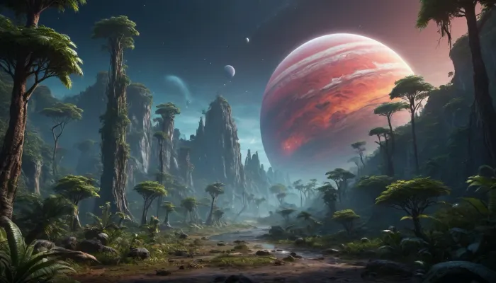 fullcolor image, 8K quality, gas giant satellite planet, fantastic jungles, alien strange landscape, fantastic animals