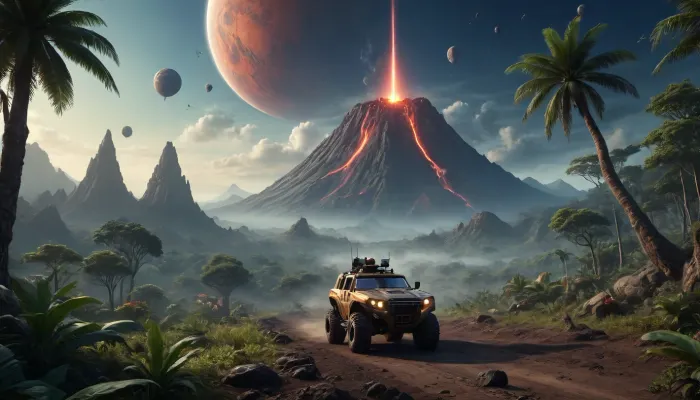 fullcolor image, 8K quality, night, alien planet, fantastic jungles, a volcano background, alien strange landscape, many fantastic animals, some planets satelite visible in sky, space cruiser hovering high over the landscape, an armored all-terrain vehicle drives through the jungle towards the volcano