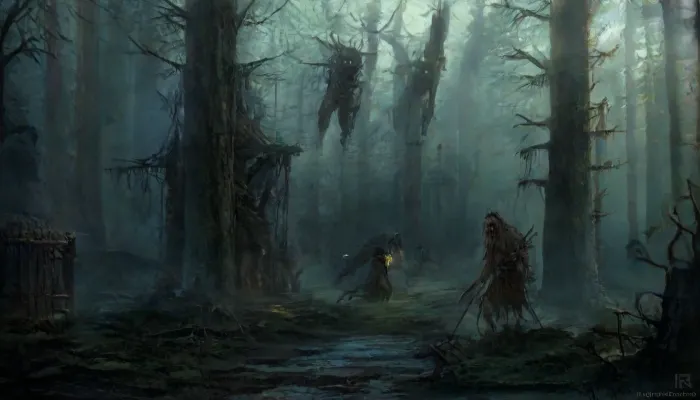 ** Description for the image generator, ** A girl in a tattered medieval tunic of coarse linen, with frayed edges and traces of dirt, stands in an iron cage that resembles an animal enclosure. Her hair is disheveled, her eyes are fearfully defiant, and her fingers are gripping the bars as if she's trying to defend herself. The cage is surrounded by a misty forest thicket, rusty spikes on the bars and shadows from the branches add to the sense of confinement. There are two hunters around, men in worn leather armor, daggers on their belts and crossbows on their backs. Their postures are aggressive — one is leaning toward the cage, grinning, his hand reaching for the lock, the other is half-turned, eyeing the captive with carnivorous interest. The hunters ' faces are a mixture of cruelty and lustful curiosity, narrowed eyes, stiff neck muscles, greasy grins. **Details to draw, **, **Textures, ** focus on the frayed fabric of the tunic, the gleam of the metal of the cage, the roughness of the tree bark in the background., **Lighting, ** the dim moonlight filtering through the fog creates sharp shadows on the hunters ' faces and glare on their weapons., **Emotions, ** fear and resistance in the girl's eyes, contrasting with the predatory passion of men., **Environment details, ** moss on the ground, broken branches underfoot, cobwebs in the corners of the cage. — * * Colors, ** a muted palette, (gray-green tones of the forest, dark brown leather of armor), with an emphasis on the pallor of the girl's skin and bloody reflections on metal. — * * Composition, ** a bottom view that highlights the threatening position of the hunters, a light haze for an atmosphere of alarm. **Technical instructions, ** Use ultra-detailed rendering for the characters ' faces and hands, 8K texture resolution for rendering small elements, (such as scratches on bars), and dynamic lighting with soft shadows. Add a motion blur to the background to focus your attention on the cell. * Restriction, The description does not contain explicit scenes of violence, but implies a tense atmosphere.*, NightScapes, fantasy, scaled, humanoid, <lora:add-detail-xl:.5>, <lora:NightScapes_XL14:1.4>, <lora:lora-000009:.6>