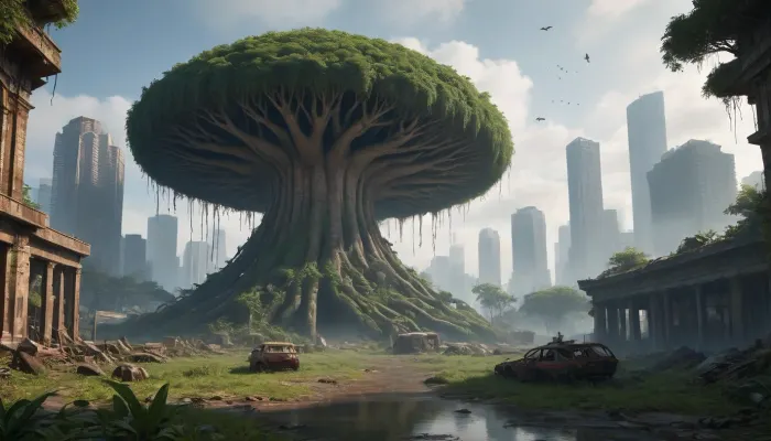 ** Bird's eye view of a post-apocalyptic metropolis, ** Vast jungles of concrete and steel are swallowed up by nature, skyscrapers with * * collapsed facades* * and **rusted beams* * have turned into vertical gardens where * * giant ferns* * and * * creepers * * entangle * * cracks in the walls**, and * * waterfalls of moss * * flow down through the **mangled elevators**. The roofs are hidden under a dense jungle canopy of oaks, palm trees, and glowing mushrooms, whose roots tear the freeways into crumbling slabs dotted with rusty car hulks and leaning streetlights. ** Collapsing bridges * * hang over * * overgrown canals**, where * * brown bears* * drink from * * swamps with water lilies**, and * * herds of antelopes * * roam among * * destroyed billboards* * with * * peeling paint**. In the sky, **swift peregrine falcons * * hunt * * flocks of crows * * circling over * * the remains of stadiums** where * * wild vineyards** have swallowed * * the stands**. ** The setting sun * * breaks through * * toxic yellow smog**, painting** the hazy haze **in * * neon green* * and * * blood orange * * shades, and * * bioluminescent algae * * shimmer in * * underground rivers* * of former subways. **8K detail * * highlights * * cracks in the asphalt**, **peeling paint* * on * * abandoned tanks**, **bird feathers scattered* * on * * alleys**, **dew drops** on **cobwebs* * between * * antennas** skyscrapers, * * rusty rivets* * on * * bridges* * and * * cactus needles * * piercing * * paving slabs**. ** HDR lighting * * enhances the contrast between * * warm highlights* * on * * cheetah skin* * and * * cold shadows* * in * * dungeon pits**, and * * raytracing * * creates * * a three-dimensional fog** that envelops * * helicopter remains* * on * * * runways**. **Focus* * on * * a giant baobab tree * * sprouting through * * the planetarium dome**, its * * snake roots* * entwining * * abandoned telescopes**, and * * the background * * dissolves into * * fog with ash particles**, where * * the silhouettes of cranes** and * * cranes * * resemble * * the skeletons of prehistoric lizards**. ** Lossless PNG format * * saves * * ultra-details**, from * * python scales* * on * * monument debris* * to * * ice crystals* * on * * icy arches* * in** permafrost * * underground storage facilities. Nature didn't just **win** — it **rewrote the DNA of the megalopolis**, turning it into a **symbiosis of apocalypse and rebirth**.