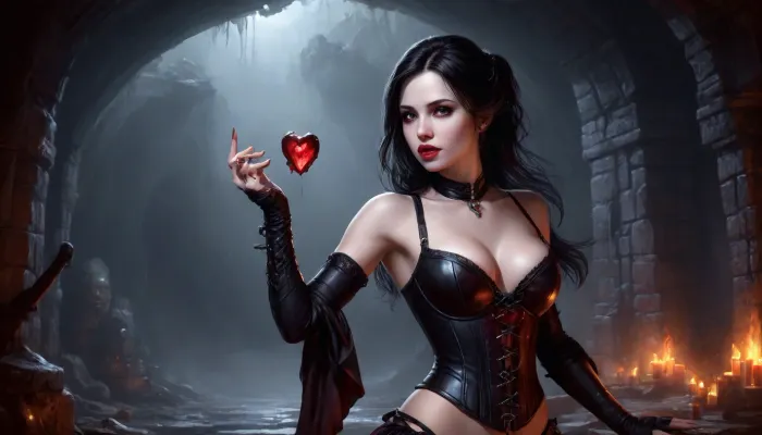 (one woman, Alva, 25 year old, pale skin, small breasts, vampire, black hair, seductive lips, sensual eyes), (inside medieval vampire cave/lair), (wearing skimpy revealing tavern wench corset, pulled down exposing breasts), (one hand grabbing breast, other hand laying finger on lips/tongue), dark ambiance, perfect eyes, five fingers, artwork, digital painting, concept art, flat colors, loading screen art style, <lora:LegendDarkFantasy-000001:.5>