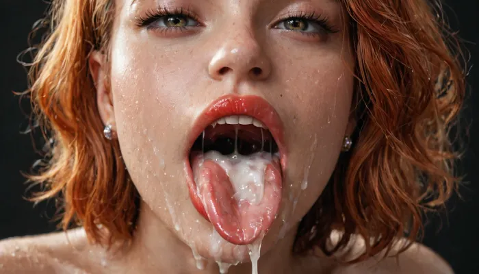 (Macro photo), (extreme close up:1.2), front view, Photorealistic, high resolution, professional photography, (open mouth), (extended tongue), (detailed tongue), (wet mouth), close-up of lips, zoom in on lips, only lips are visible, red lipstick, excessive cum on tongue, short smooth ginger bobcut hair, topless, cum dripping from chin, tongue sticking out, black background.