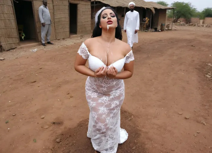 full body image of An Iranian curvy bride with heavy Arabic style makeup, ruined makeup, sleep on the dirt floor, wearing a messy, lace wedding dress, her body and face covered in cum, cumshot on her body and face, her eyes closed, exhausted, resting, as several black African village men in standing in background.