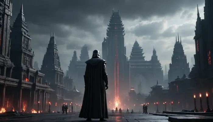 uber realistic image, fullcolor image, full body view, 8K quality, ultra detailed, masterpiece, Capital Darck Imair, Dromund-Kaas, citi, a giant dark futuristic city, super skyscrapers, a temple of the Dark Side, the Imperial Palace, everything has the imprint of the dark side of the force