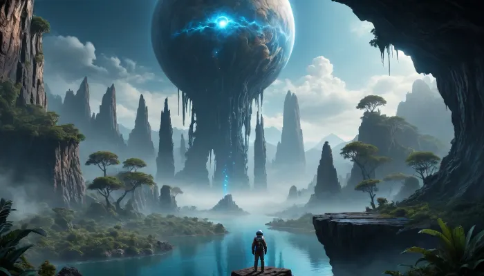 A lone astronaut stands on the edge of a towering cliff, gazing at an alien jungle filled with bioluminescent trees and floating islands. Strange creatures move in the mist, and a giant gas planet dominates the sky. A river of glowing blue liquid winds through the valley. Hyper-realistic, awe-inspiring, and atmospheric.