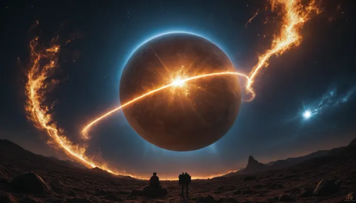 A massive space battle above a glowing nebula, colossal starships exchanging laser fire, smaller fighter ships weaving through explosions. A planet with rings looms in the background, half-lit by a nearby star. The scene is filled with vibrant blues, purples, and fiery orange explosions. Ultra-detailed, cinematic, and dramatic.
