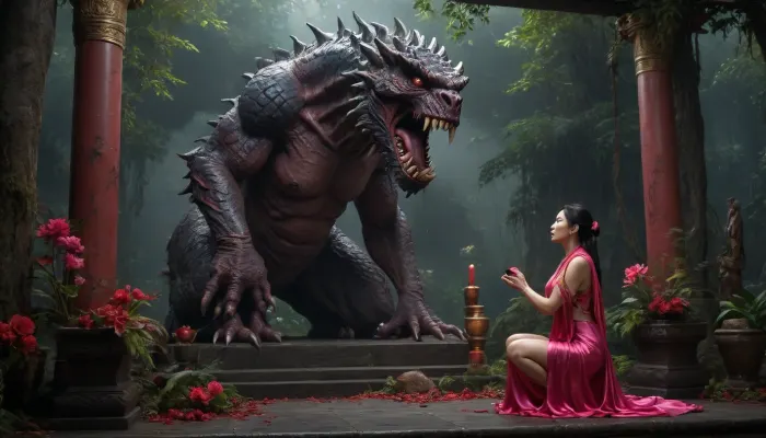uber realistic image, fullcolor image, full body view, 8K quality, ultra detailed, masterpiece, dark fantasy, night, blood red fool moon, Ancient mysterious dark tropical forest, many large bloodsucking flowers, a black stone altar, ((a mature chinese woman kneeling on the altar big front ancient scaly monster)), (ancient scaly monster, fucked a beautiful woman in moutch), (a huge massive dick deep in woman's throat), (pink sexy silk dress torn to shreds, skin stained with claw marks, bare huge tits are bleeding), woman ready ready to die, waiting for death, dark ritual, oral sex, blowjob, monster sex, bestiality, sex, ritual sex, last sex, side view, whole body in frame, whole body visible