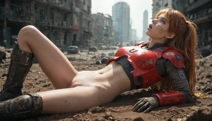 asuka, langley, long red flying hair, (scratches on the face:.9), Star Trek uniform, futuristic armor plates, (missing breastplate:1.3), (sexy midriff:1.1), (heavy boots:1.2), being lost, outdoor at industrial futuristic ruin, lost in battle zone, surprised expression, highly detailed eyes, dirty face, muddy face, muddy arms and legs, (struggling:1.3), thrashing legs, blowjob, cumshot, (deepthroat:1.4), background is industrial ruin of futuristic city, (focus on breasts:.8), (focus on pussy:1.3), crepuscular rays, god rays, volumetric lighting