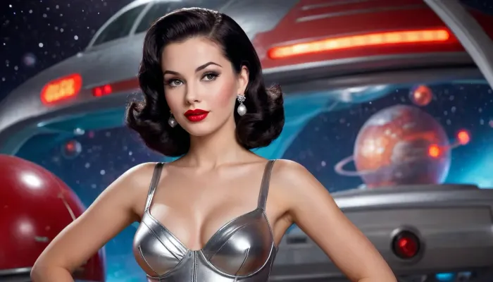 a retro-sci-fi pinup girl from the 1950s, with a futuristic twist. She has a sleek, metallic jumpsuit that glows with subtle neon accents, inspired by classic space-age aesthetics. She has large breasts, with cone shaped 1950's bra. Her black hair is styled in bold, voluminous waves, reminiscent of 1950s Hollywood glam. She’s striking a confident pose with a sarcastic smile, standing in front of a spaceship with a cosmic background full of stars and distant planets. The scene should have vibrant, saturated colors and a glossy, vintage comic book style. The girl's makeup is bold with red lips, and she wears futuristic accessories, chrome earrings, space boots. Her look is glamorous yet playful, perfectly capturing the essence of retro-futurism and 1950s pinup charm