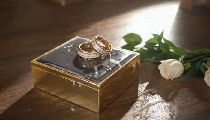 A luxurious bridal bouquet, elegantly arranged and placed next to an open velvet wedding ring box showcasing two shiny gold wedding rings. cum is oozing over the bouquet and dripping onto the rings and their box. Some of the cum has spilled onto the wooden table surface, creating reflective, sticky puddles. The scene is beautifully lit with natural soft light, creating a romantic yet surreal contrast between elegance and the unsettling presence of the cum.

hyper-realistic, elegant, cinematic lighting, macro lens, depth of field, soft shadows, luxurious, surreal, detailed textures, reflections