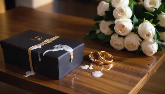 A luxurious bridal bouquet, elegantly arranged and placed next to an open velvet wedding ring box showcasing two shiny gold wedding rings. cum is oozing over the bouquet and dripping onto the rings and their box. Some of the cum has spilled onto the wooden table surface, creating reflective, sticky puddles. The scene is beautifully lit with natural soft light, creating a romantic yet surreal contrast between elegance and the unsettling presence of the cum.

hyper-realistic, elegant, cinematic lighting, macro lens, depth of field, soft shadows, luxurious, surreal, detailed textures, reflections