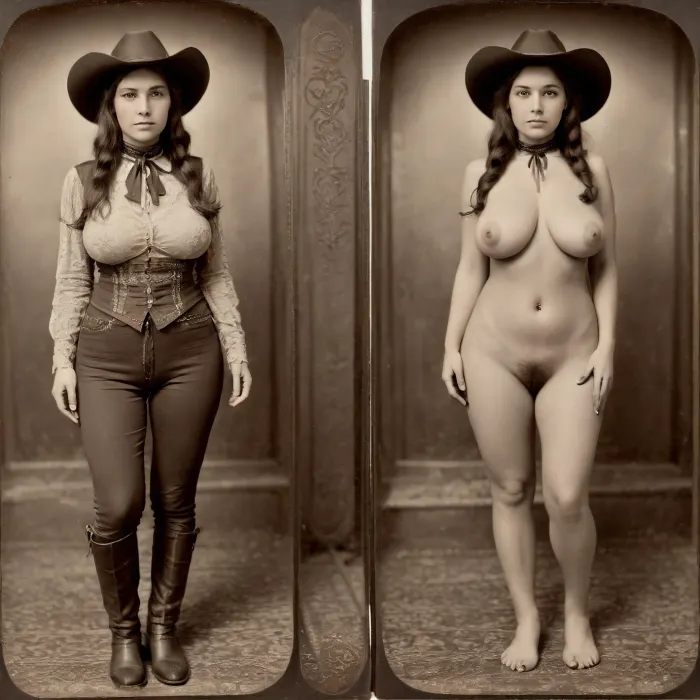 1870s, (((1870s beautiful female cowgirl))), amateur model, beautiful face, amateur photo, brunette hair, attractive, 28 years old, (((picture taken with Daguerreotype camera:1.5))), (large natural boobs:1.1), natural boobs, (hairy pussy:1.4), (full body in view), straight hair, ponytail hairdo, (same person, same pose, same angle), (2Split screens, 2split views, onoff:1.2), (wearing 1870s cowgirl outfit), (western town background), BREAK, <lora:OnoffXL_ExtraCrispy:.7>