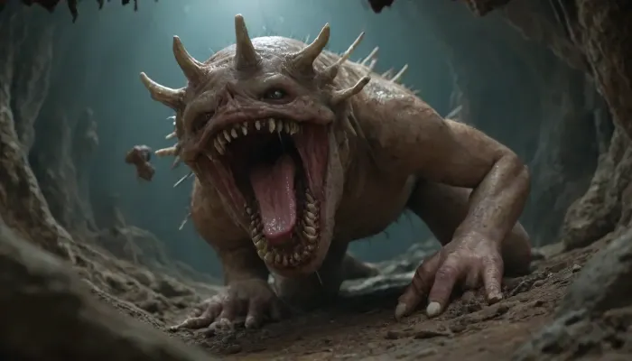 a gloomy, damp cave in which there is a pinkish creature that looks like a huge earthworm. The creature is more than a meter long and has a diameter of a human thigh. In front of the monster are two dozen large black beads. They all hang on thin legs. The eyes "stick out of their heads" like snail horns. they turn in different directions and do it independently of each other. the animal has a wide, slightly open mouth. sharp white bone plates protrude from the gums, above and below. Creepy teeth are arranged in rows. Each of them is the size of a large fighting dog's fang. Moving its jaws, the monster chews on a completely naked man who is still alive and screams terribly in pain and horror., gloomy, yinan, <lora:gloomyXL:.9>