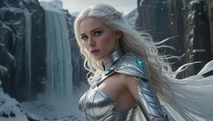 a stunning woman with piercing emerald green eyes, snow-white hair cascading down her back like a winter waterfall, clad in intricately designed, shimmering silver-white armor adorned with frosty blue accents, grasping a gleaming, crystalline ice sword that seems to radiate an intense, icy glow, standing heroically against a breathtaking backdrop of a snow-covered, mystical fantasy kingdom, with majestic, towering spires and grand, sweeping architecture, set amidst a swirling vortex of frosty winds and shimmering, ethereal mist, captured in a dynamic, cinematic camera shot that conveys a sense of power, strength, and regal authority.