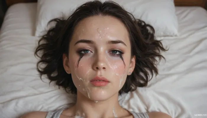 close-up on head and breasts of 40yo woman, plunging square black hair, laying on bed after having been used intensely, facing viewer, tired, used, ruined makeup, (((forehead full of cum))), nose full of cum, mouth full of cum, cum running onto bed, lots of cum, loads of cum, (((bukkake))), warm light, beautiful morning