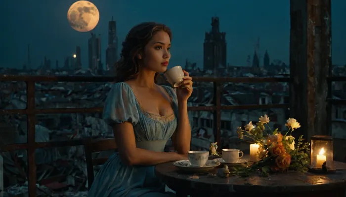 A post-apocalyptic scene. It is a dark night on the rooftop garden of a skyscraper, a beautiful young woman sits at a dinner table drinking tea from a fine china cup, a bouquet of flowers sit in an old chipped vase in the centre of the table. A large pale blue moon hangs over the scene. The viewer can see a vast ruined futuristic city that sprawls below, many of the buildings in the background have partly collapsed and are in ruins. Fires rage in the buildings, casting an eerie orange light over the scene. The woman is wearing a threadbare and dirty old dress.

extremely detailed face and eyes.
The woman is wearing a threadbare and dirty old dress. Photorealistic, highly detailed, 4k, colourful.