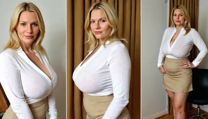((50years old Finnish MILF)), (round face), bbw, sagging tits, (gap between tits), look at viewer, long blonde hair, (same person, standing on different poses, dressed-undressed), (2Split screens, 2split views, onoff:1.2), (whote office blouse, miniskirt), (office background), sagging, breasts, <lora:sagging-000015:.8>